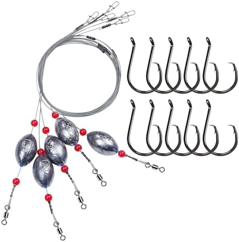 Pre-Rigged Carolina Rig Saltwater, Egg Sinker Grouper Rigs with 10 Circle Hooks, Stainless Steel Leader Fishing Wire, for Snapper Flounder Sea Bass Surf Fishing Bottom Rig by MAFIMOEA