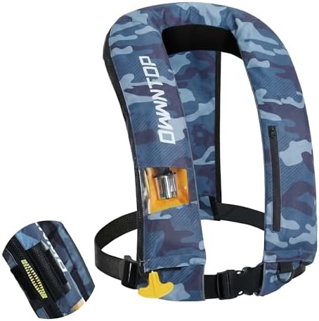 Owntop Automatic/Manual Inflatable Vest, Manual Convertible Option, Low Profile, Zipper Closure, Inflatable Fishing Jacket for Kayaking, Boating and Fishing, 24g CO2 Cylinder Included by Owntop