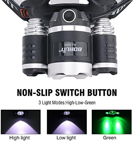BORUIT RJ-3000 Headlamp with Green Light, Super Bright LED Head Lamp 3 Modes, USB C Rechargeable, Waterproof Head Light for Hunting, Construction, Hard Hat, Fishing, Camping - Image 2