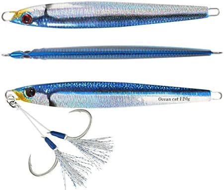 OCEAN CAT 1 PC Slow Fall Pitch Fishing Lures Sinking Lead Metal Flat Jigs Jigging Baits with Hook for Saltwater Fishing 4 Colors 160G/200G by OCEANCAT