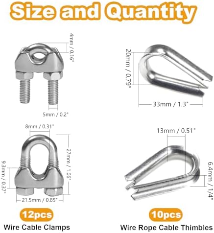 12Pcs 3/16'' M5 Wire Rope Clamps 10Pcs M5 Wire Rope Thimble - Image 2
