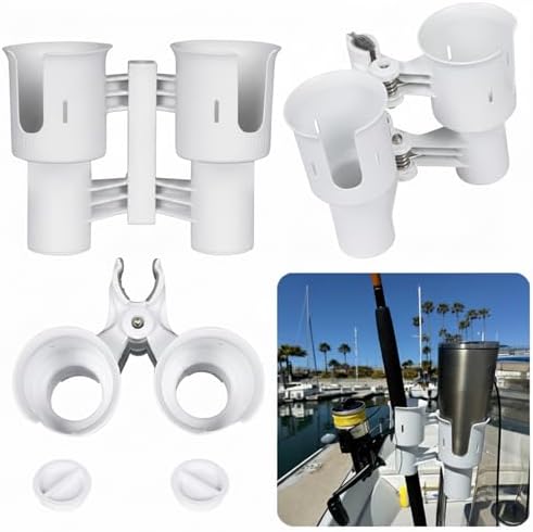 ROBOCUP, (White), Patented Clamp On Boat Cup Holder |Multifunction Dual Drink Caddy for Fishing Poles, Tools, Net, Gaff |Portable Storage for Boating, Beach, Umbrellas, Golf Carts, Strollers - Image 2