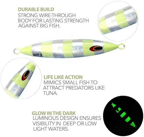Tuna Jig 500g, 6.5 Inches, 3 Pc, Silver Zebra Glow Color, Unrigged - Image 6