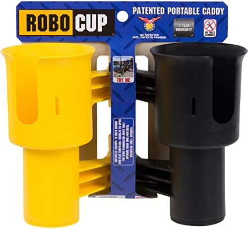 ROBOCUP, (Yellow & Black), Patented Clamp On Boat Cup Holder |Multifunction Dual Drink Caddy for Fishing Poles, Tools, Net, Gaff |Portable Storage for Boating, Beach, Umbrellas, Golf Carts, Strollers - Image 2