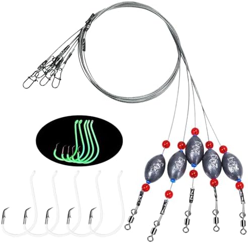 Fishing Egg Sinker with Soft Plastic Core Weight Rigs 5pcs Flounder Rig Saltwater,176.37lb Fishing Wire Leader with Egg Sinker Swivels Snap, Grouper Bottom Fishing Rigs by Fishing