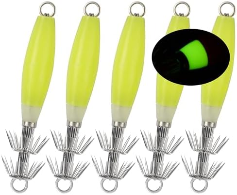 OROOTL Squid Jigs Saltwater Fishing Lures, 5/10pcs Glow Squid Jig Hooks Luminous Cuttlefish Sleeve Octopus Jig Baits Night Fishing Octopus Lures Set with Tackle Box by OROOTL