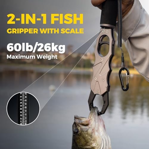 2-in-1 Fish Lip Gripper, One-Finger Operation Aluminum Alloy Fish Gripper with Scale, 60lb Weighing Fish Grabber for Large Fish, 360° Swivel Handle, Corrosion-Resistant for Saltwater & Freshwater - Image 2