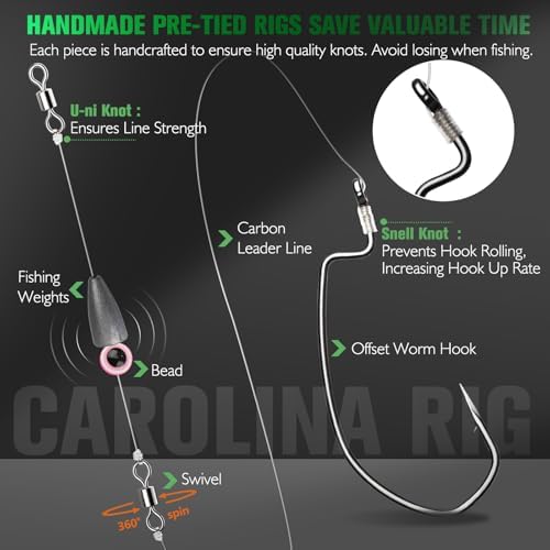Dovesun 10/5PCS Ready Tied Carolina Rig Kit for Bass Fishing Catfish Rig Catfish Hook Kit with Bass Hooks, Swivel, Fluorocarbon Line, Weights - Image 2
