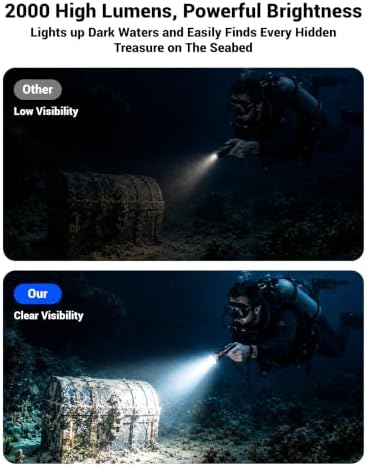 Scuba Diving Flashlight Dive Torch 2000 Lumen Waterproof Underwater XM-L2 LED Submarine Lights Holder with Charger for Under Water Deep Sea Cave at Night - Image 3