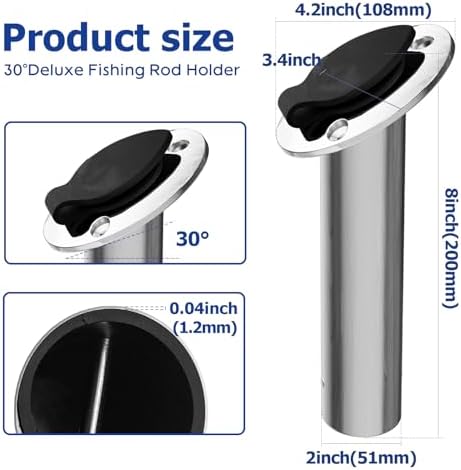 Fishing Rod Holder 2 Pack, 316 Stainless Steel 15/30/90 Degree Rod Holders for Fishing Boat, Flush Mount with Cap, Heavy Duty - Image 2