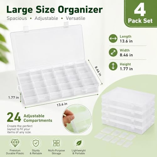 APACALI 4 Pack Large Clear Organizer Box with Dividers, 24 Adjustable Compartments Tackle Box & Bead Organizer for Crafts Small Parts - Image 2