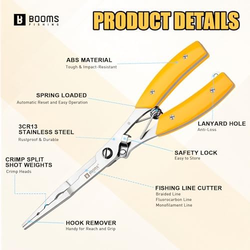 Booms Fishing Hook Remover Pliers, Long Nose, Braid Cutter, Lanyard, Yellow - Image 4