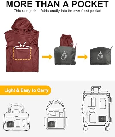 Outdoor Ventures Men's Rain Jacket Waterproof Lightweight Packable Pullover - Image 3