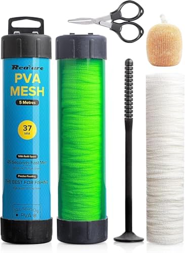 Realure 5m PVA Mesh Bait Bag Kit with Scissors, 18/25/37/44mm Fast Melt Water Soluble Mesh Refill, Carp & Catfish Fishing Accessories with Funnel & Plunger for Boilie Pellet Bait by Realure
