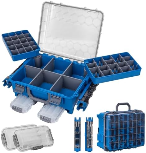 THKFISH Waterproof Double Side Tackle Box, Portable Storage Box with 2 Pack 3500 Stowaway Boxes & Rod Holders, Fishing Lure Organizer YellowPink/Green/Blue/Grey (L-Blue) by THKFISH