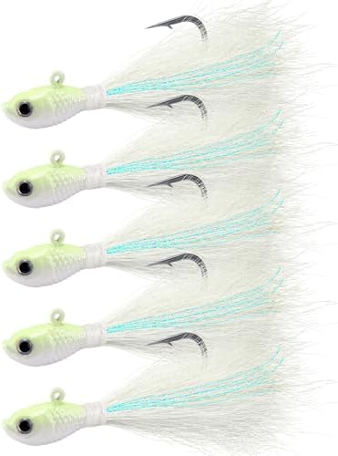 Alwonder 5-Pack Bucktail Jigs Hair Jigs Saltwater Freshwater Fishing Bucktail Lures Surf Fishing Jig Heads White Luminous Chartreuse Swimbait Jig for Bass Flounder Striper Bluefish Halibut Redfish by Alwonder