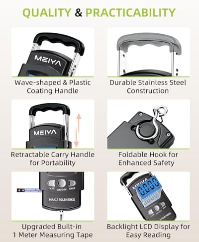 MEIYA Digital Fish Scale & Fishing Scale with Comfortable Handle - 110lb/50kg High-Accuracy Fishing Gear, Professional Fishing Gifts for Men, Comfort-Grip Hanging Scale for Large Fish, Luggage - Image 4