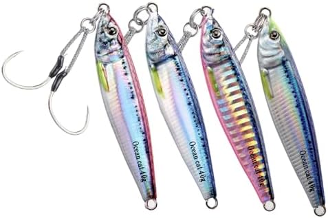OCEAN CAT Long Casting Slow Fall Pitch Fishing Jigs Lures Lead Metal Flat Sinking Vertical Shore Jigging Bait with Assist Hook for Saltwater Freshwater Fishing 40g 60g 80g by OCEANCAT