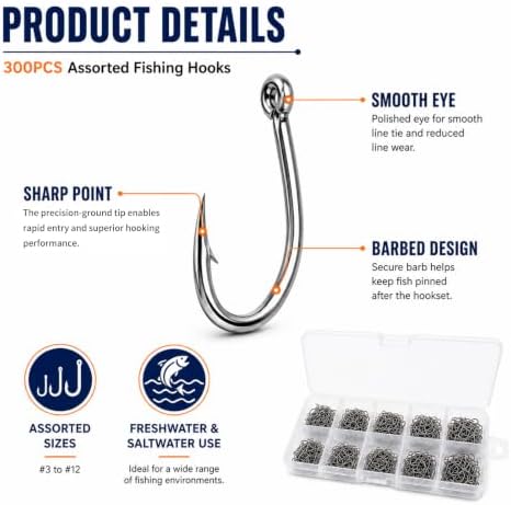 Keenjorika Fishing Hooks Set,High Carbon Steel Baitholder Fish Hook, #3-12 Assorted Sizes,3/500PCS,Sharp Barbed Offset Hook for Bass Catfish Trout Crappie Bluegill Freshwater Saltwater Fishing Tackle - Image 5
