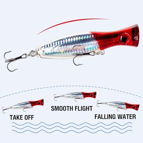 Top Water Popper Lures 4 Pack, 4.7" 3D Eye Saltwater Popper for Surf Fishing Bluefish Mackerel GT Tuna Kingfish, Weighted Steel Ball Balance Casting Lures with 2# Treble Hooks - Image 5