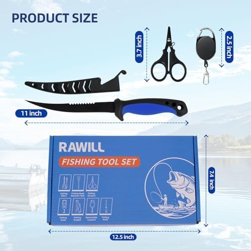 RAWILL Fishing Kit,Filleting Knife,Hook Remover,Fish Grip, Line Cutter,Fishing Scale, Pliers with Lanyards,Not Include Batteries - Image 4