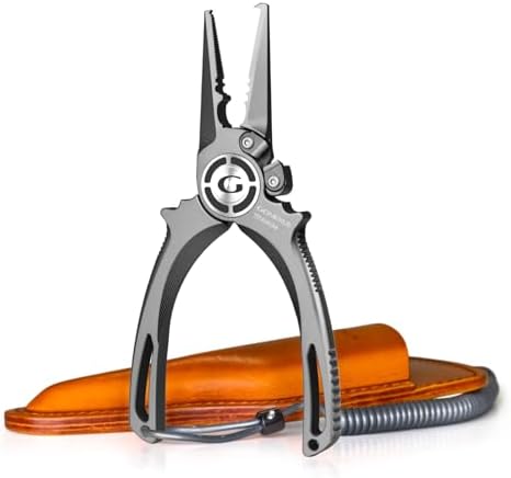 GOMEXUS Fishing Pliers Saltwater with Side Cutters, Never Rust Inshore & Nearshore Titanium Fishing gear with Lanyard & Leather Sheath, Hook Remover, (7'' Split Ring Nose) by GOMEXUS