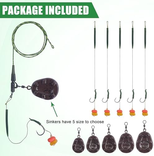 Carp Fishing Rigs Kit Carp Hair Rig with Carp Sinker Weights Carp Hooks Corn Bait Leader Rigs Quick Change Rolling Swivels Sleeves Carp Fishing Equipment Accessories - Image 5