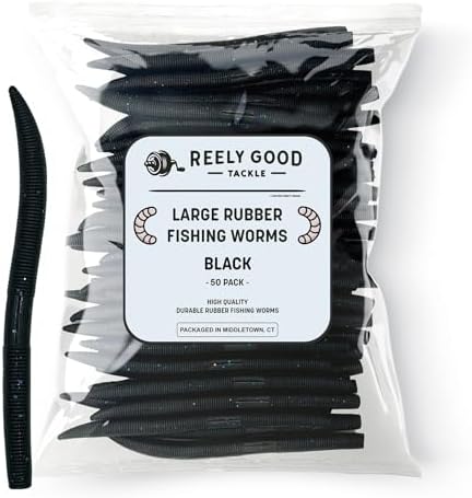 Reely Bass Lures (50 Pack), 5 Inch – Black Bass Fishing Soft Plastic Worms, Senko-Style Rubber Lures for Wacky Rig, Texas Rig & Carolina Rig, Soft Plastic Fishing Bait for Bass, Medium by Unknown