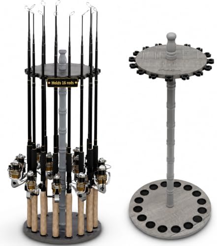 Rush Creek Creations 16-Rod Round Fishing Rod Holder for Garage, 360° Access Fishing Pole Holder for Fishing Rods, Reels, and Gear, Securely Holds 16 Rods, Barnwood by RushCreekCreations