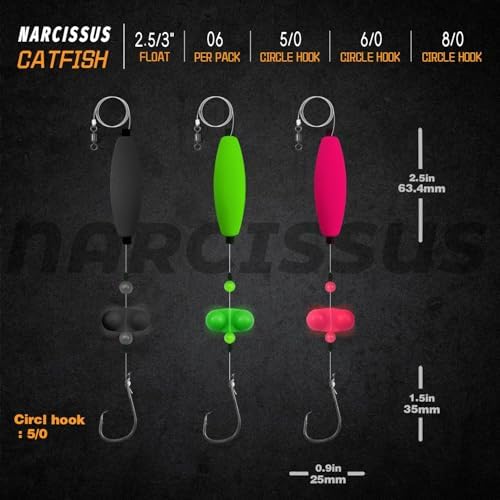 Narcissus Catfish Rigs Set – 6 Pre-Tied Rigs with 2 Sinker Sliders & 2oz Pyramid Sinker, Float Rigs Tackle, Santee Rig, Circle Hooks 6/0 – Complete & Ready-to-Use Kit - Image 2