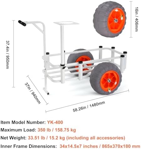 VEVOR Beach Fishing Cart, 350 lbs Load Capacity, Fish and Marine Cart with Two 16" Big Wheels PU Balloon Tires for Sand, Heavy-Duty Aluminum Pier Wagon Trolley with 8 Rod Holders for Fishing, Picnic - Image 7