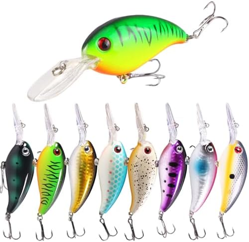 Crankbait Lures Kit, 8-Pack Lifelike Hard Swimbaits with Diving Lip for Bass Fishing, Assorted Colors, Freshwater Saltwater Fishing Gear for Bass, Trout, Pike by Richary