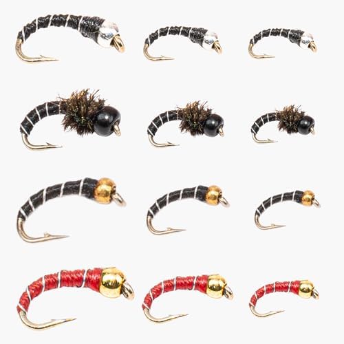 Zebra Midges for Fly Fishing 12 Pack - Hook Size 18-22, Fishing Accessories, Trout Flies, Wet Flies, Silver Bead Black, Gold Red, Tungsten Euro Nymph (Assorted, 22) by FloatingFeatherSupply