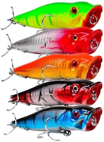 5pcs 9cm 3D Eyes Hard Baits Floating Topwater Popper Lures with Treble Hooks, Mixed Colors, ABS & High Carbon Steel, Targeting Pike, Bass, Salmon by Unknown