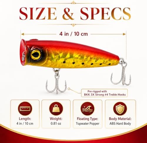 Topwater Popper Fishing Lure, 4in 0.81oz ABS Floating Saltwater Bait with BKK 3X #4 Treble Hooks, Foil-Stamped Finish for Inshore Striped Bass Redfish Snook Tarpon - Image 3