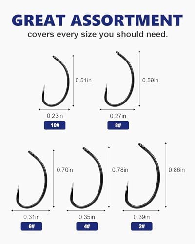 UCEC 190/220/260PCS Barbless Fishing Hooks, Carp Hooks Circle Curve Shank Fly Tying Fishing Hook Tackle Kit for Freshwater Saltwater Hair Rig Trout Size: 2# 4# 6# 8# 10# - Image 3