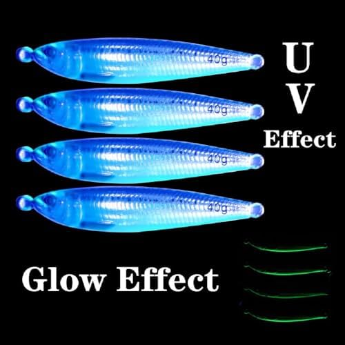 4PCS Long Cast Slow Pitch Vertical Jigs Saltwater Artificial Fishing Lure UV Glow Jig Metal Spoons Hard Jigging Bait with Glow Skirt Assist Hooks Fast Fall Jigs for Tuna Salmon Bass Kingfish - Image 2