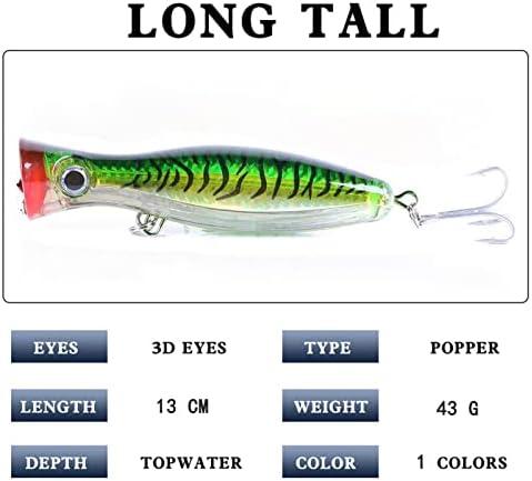 Popper Fishing Lure, JAZALIC Topwater Popper Lures 3D Eyes Fishing Accessories for Saltwater Surface Casting and Freshwater Surface Fishing, Gt Tuna Kingfish Large Predator Fish (5.11in, 1.48Oz) - Image 6