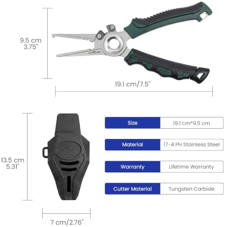KANAMA 17-4 Stainless Steel Fishing Pliers, 7.5 Inch Rust Saltwater Fishing Pliers with Split Ring, Fish Hook Remover with Tungsten Carbide Braid Cutters, Non-Slip Handles Fishing Gifts for Men - Image 6
