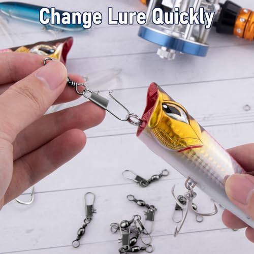Alwonder 100-Pack Fishing Snap Swivels, Barrel Swivels Fishing Tackle with Snaps Freshwater, Stainless Steel Safty Interlock Snap Swivel Black Nickel Coated Lure Hook Connector Quick Change Clips - Image 5