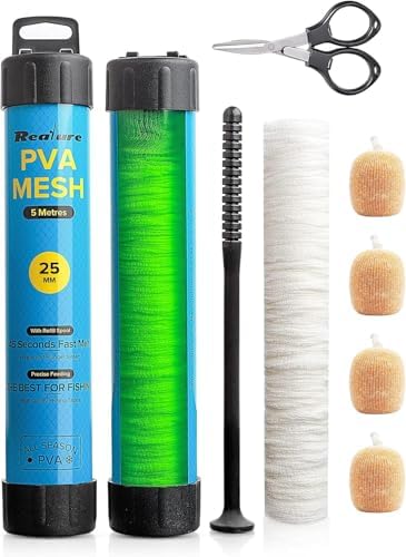 Realure 5m PVA Mesh Bait Bag Kit with Scissors, 18/25/37/44mm Fast Melt Water Soluble Mesh Refill, Carp & Catfish Fishing Accessories with Funnel & Plunger for Boilie Pellet Bait by Realure