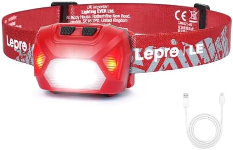 Lepro Rechargeable LED Headlamp Bright Waterproof Headlight 6 Modes - Red by Lepro