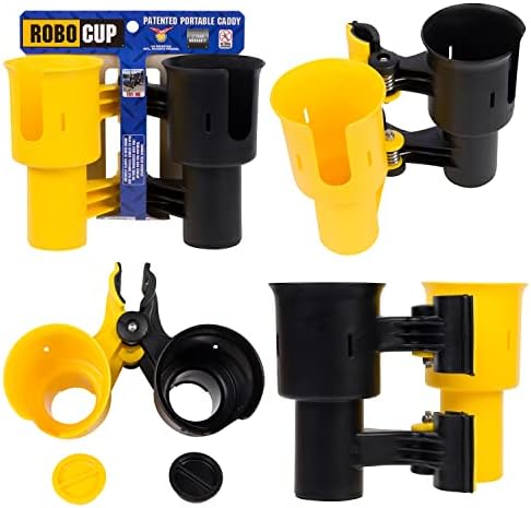 ROBOCUP, (Yellow & Black), Patented Clamp On Boat Cup Holder |Multifunction Dual Drink Caddy for Fishing Poles, Tools, Net, Gaff |Portable Storage for Boating, Beach, Umbrellas, Golf Carts, Strollers by RoboCup