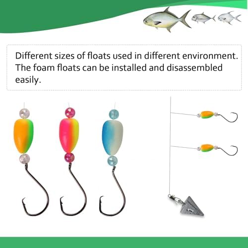 Dovesun 220/104/80/60/54/52/42pcs Pompano Rig Floats for Surf Fishing Foam Bobbers for Fishing Fly Fishing Bobbers Floats Bright Color Kit/Round/Cylindrical/Heart/Bullet/Pill/Spin Shape - Image 5