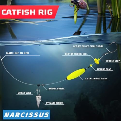 Narcissus Catfish Rigs Set – 6 Pre-Tied Rigs with 2 Sinker Sliders & 2oz Pyramid Sinker, Float Rigs Tackle, Santee Rig, Circle Hooks 6/0 – Complete & Ready-to-Use Kit - Image 5