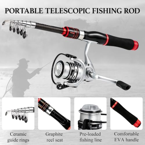Fishing Pole Set, 5.2FT Compact Telescopic Fishing Rod and Reel Combo with Complete Tackle Lures, Travel Carry Bag All-in-One Fishing Gear for Beginner Spinning Rod Combo Fishing Gift - Image 3