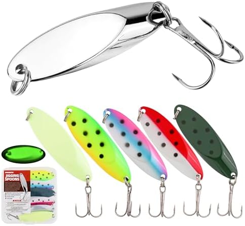 Jigging Spoon Fishing Lures, Slant Cut Metal Spoon with Glow, High Flash, Sharp Treble Hooks, Precision Wobble for Bass, Trout, Pike & Walleye by PROBITE