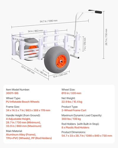 VEVOR Beach Fishing Cart, 300 lbs Load Capacity, Fishing Cart Wagon with Heavy-Duty Aluminum Alloy Frame, 13-Inch All-Terrain PU Balloon Tires, 8 Rod Holders, for Outdoor Activities Camping Picnic - Image 7