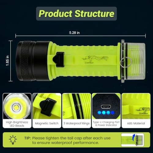 Scuba Dive Light Rechargeable, Bright Diving Flashlight Magnetic Switch - Image 4
