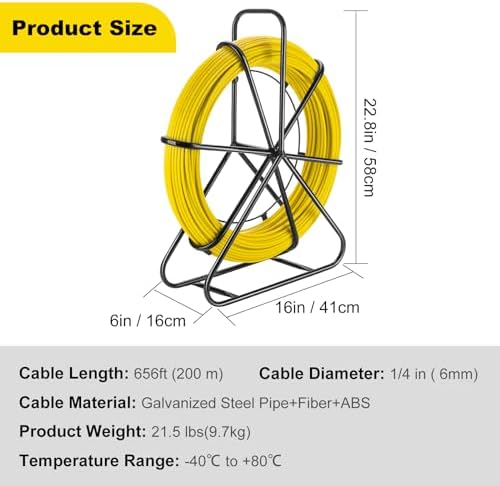 656ft (6mm x 200m) Fiberglass Duct Rodder Fish Tape, Heavy Duty Electrical Fish Tape Cable Puller with Steel Reel Stand for Electrical Wiring Conduit Underground Pipes, Non-Conductive - Image 2